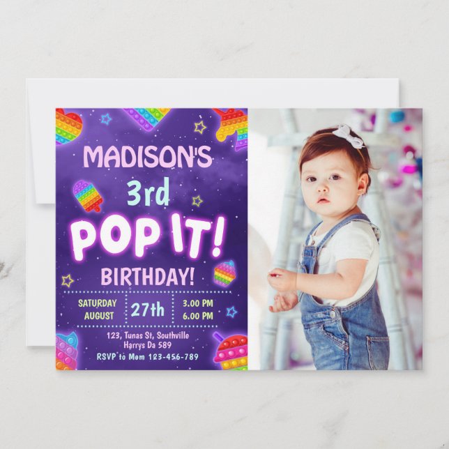 Pop it Neon Glow Kids Birthday Party Photo Invitation (Front)