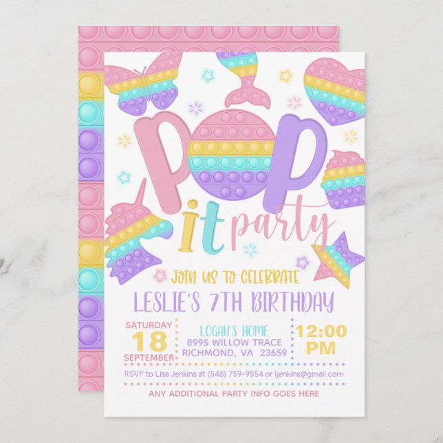 Pop It Party Birthday Invitation - Pastel (Front/Back)