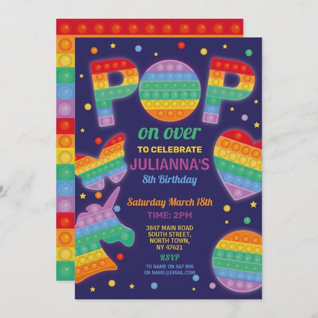 Pop it Party Fidget Birthday Navy Invitation (Front/Back)