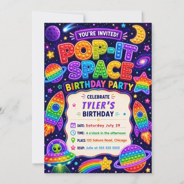 Pop It Space Birthday Party Invitation (Front)