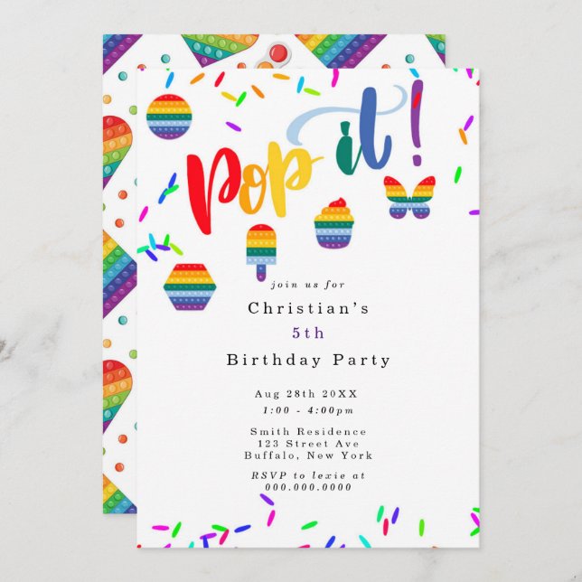 Pop It Toy Rainbow Colours Kids Birthday Party Invitation (Front/Back)