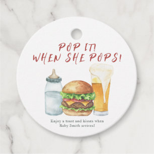 Pop it when she pops!Burgers, beer and Baby shower Favour Tags