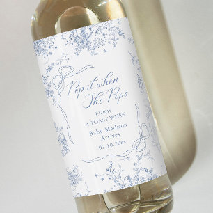 Pop it When She pops Floral Blue Baby Shower Wine Label