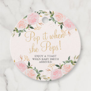 Pop it when She Pops Gold Pink Floral Baby Shower Favour Tags
