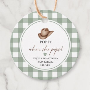 Pop it when she Pops Green Gingham Cowboy  Favour Tags