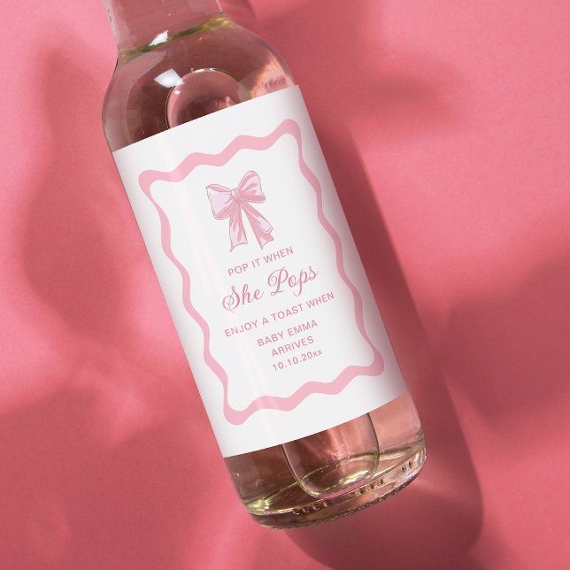 Pop it when she pops Pink Coquette Bow Baby Shower Wine Label (Creator Uploaded)