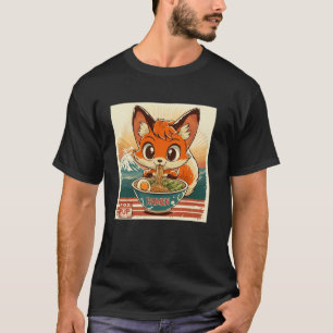 Pop Japanese Art Mt. Fuji Noodle Lover Cute Fox Pu T-Shirt