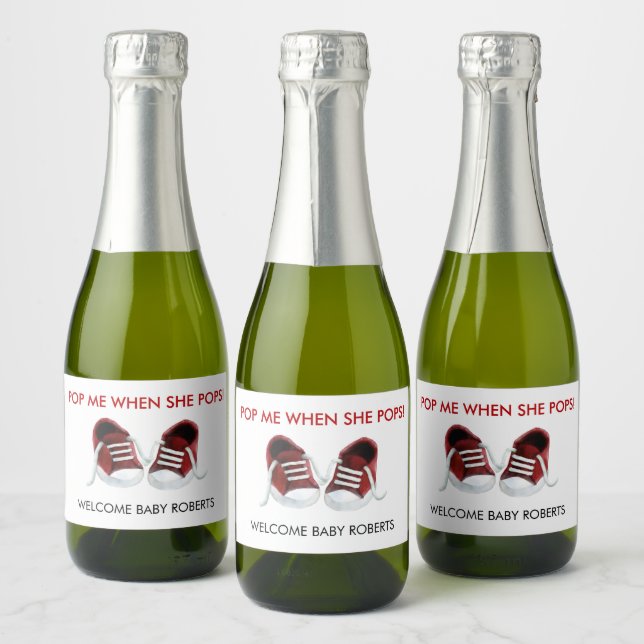 Pop Me When She Pops, Red Baby Sneakers Sparkling Wine Label (Bottles)