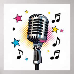 Pop microphone with colourful stars and music note poster