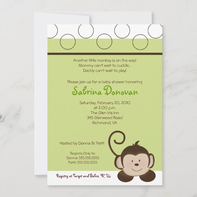 POP MONKEY 5x7 Green Neutral BABY SHOWER Invitation (Front)