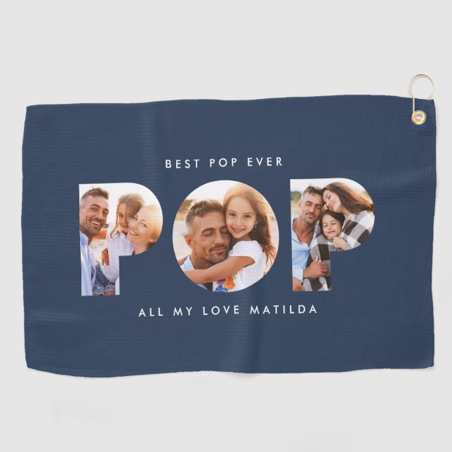 Pop multi photo modern typography navy blue golf towel (Horizontal)