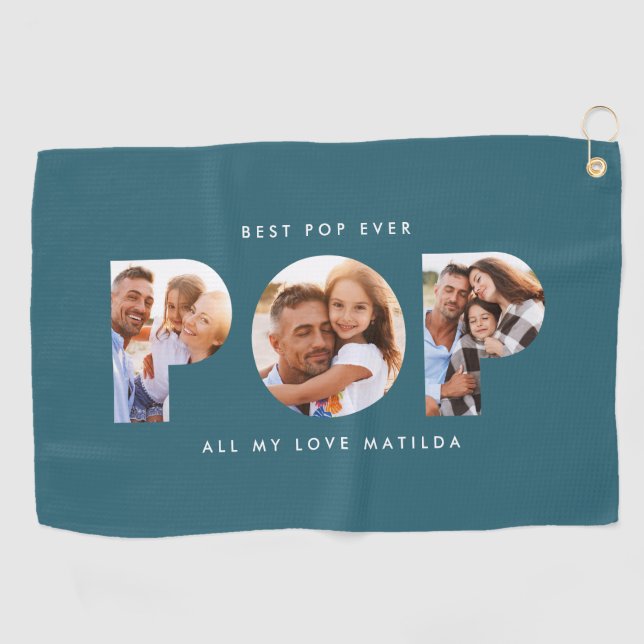 Pop multi photo modern typography teal gift golf towel (Horizontal)