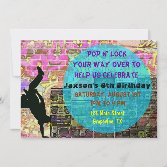 Pop N Lock Break Dance 80's Birthday Party Invite (Front)
