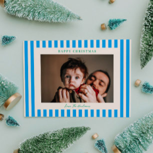 Pop of Blue Stripe One Photo Christmas Holiday Card