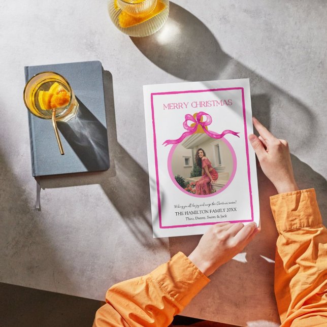 Pop of Pink Bow Coquette Christmas Photo Card  (Creator Uploaded)