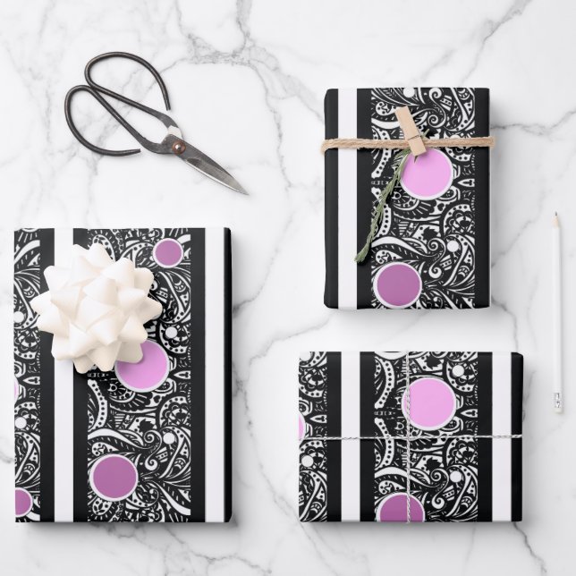 Pop of Pink on Black Paisley Wrapping Paper Sheet (Front)