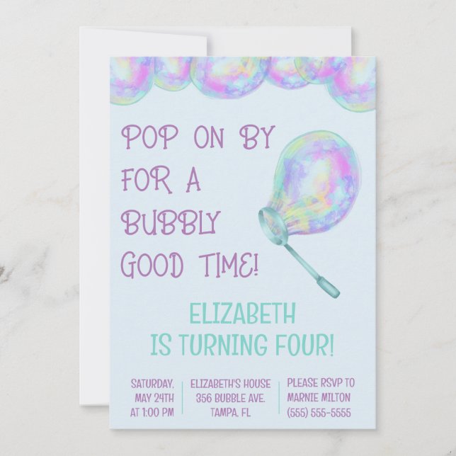 Pop on by for a Bubbly Good Time! Bubble Birthday  Invitation (Front)