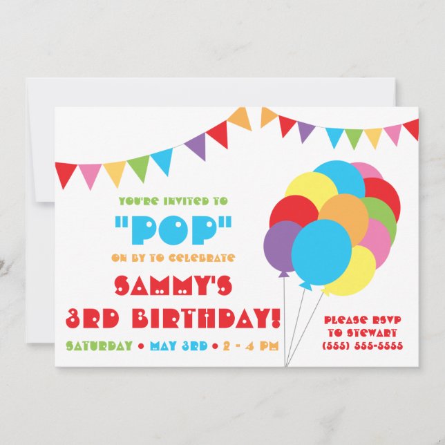 Pop on by to Celebrate! Rainbow Balloon & bunting Invitation (Front)