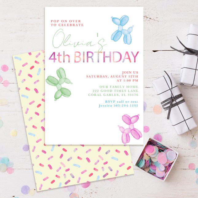 Pop On Over 4th Birthday Balloon Dog Invite (colorful pastel fourth birthday party balloon invitation for kids)
