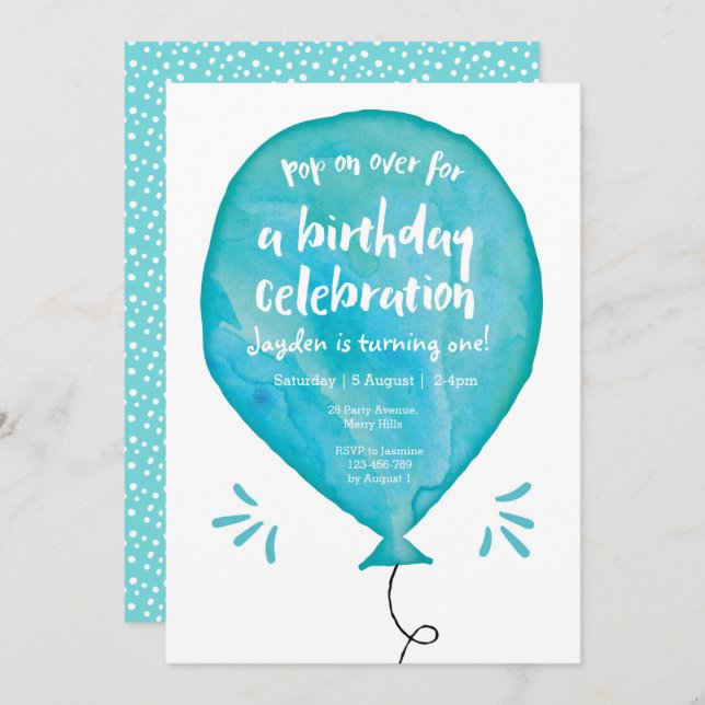Pop on over Blue Balloon Birthday Invitation (Front/Back)