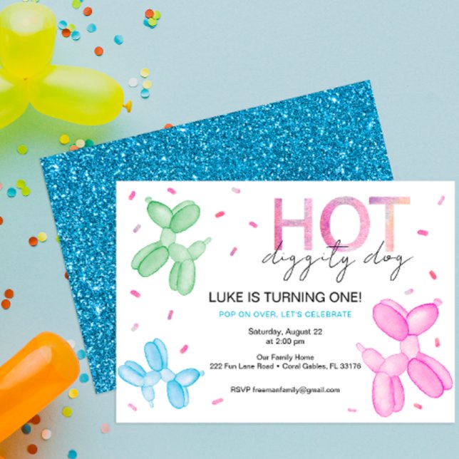 Pop On Over Bright Balloon Birthday Invite (hot diggity dog balloon animals birthday party invitation for kids)