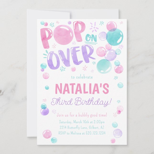 Pop on Over Bubbles Birthday Party Invitation (Front)