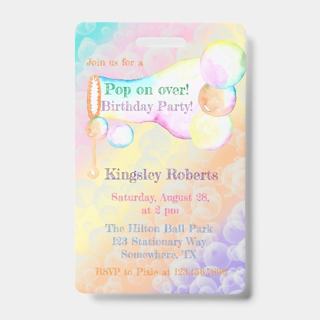 Pop On Over Bubbles Kids Birthday Party Invite  ID Badge (Front)