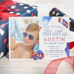 Pop On Over & Chill | Popsicle Kids Birthday Photo Invitation<br><div class="desc">Adorable party invitations for your little one's summer birthday party feature four watercolor popsicle illustrations in classic shades of red, white, and blue, with "pop on over and chill with us" in whimsical script lettering. Personalise with your birthday party details beneath, and add a photo of the birthday child. A...</div>