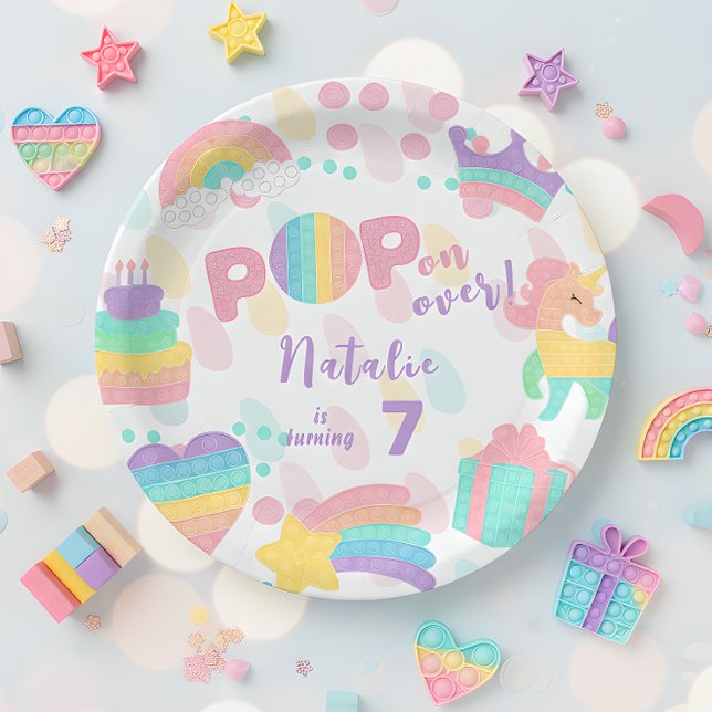 Pop on over! Pastel pop it birthday kid Paper Plate (Creator Uploaded)