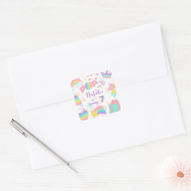 Pop on over! Pastel pop it birthday kid Square Sticker (Envelope)