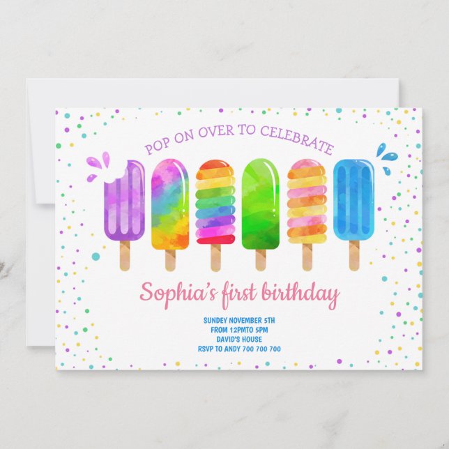 Pop on Over Summer Ice Cream Girl Birthday Party Invitation (Front)