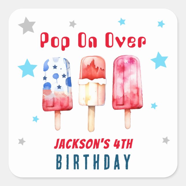 Pop Over Kids Summer Popsicle Birthday Square Sticker (Front)