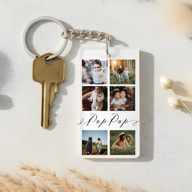 Pop Pop Script | Grandchildren Photo Grid Collage Key Ring (Pop Pop Script | Grandchildren Photo Grid Collage Keychain)