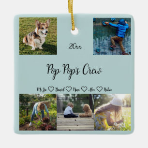 Pop Pop's Crew Custom  5 Photo Grid, Green  Ceramic Ornament