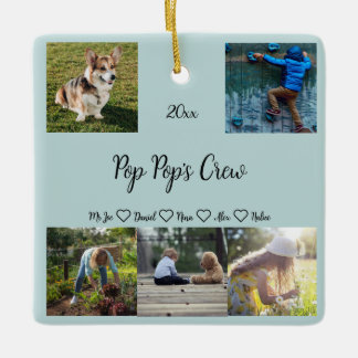 Pop Pop's Crew Custom  5 Photo Grid, Green  Ceramic Ornament