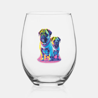 Pop Pugs in Pink  Stemless Wine Glass