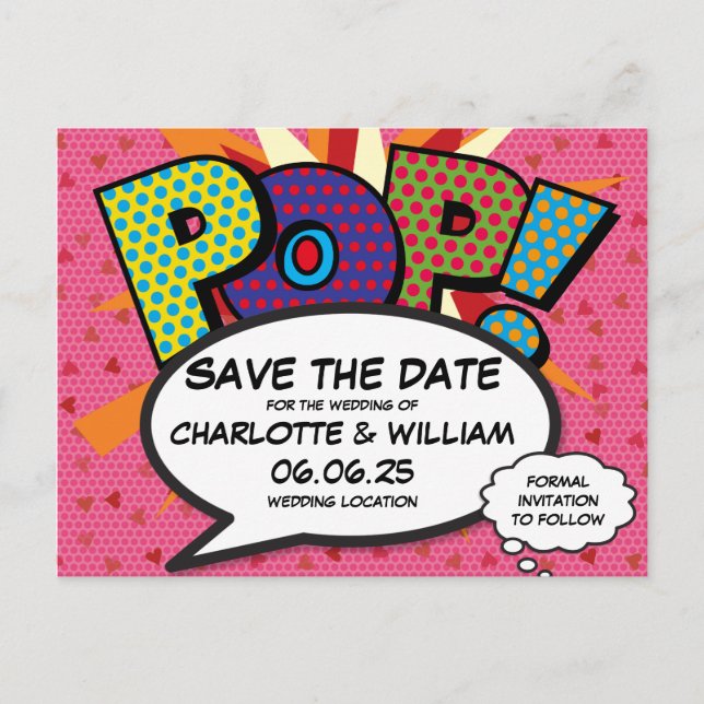 POP Save the Date Fun Retro Comic Book Pop Art Invitation Postcard (Front)