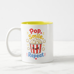 Pop, Smile, Repeat Cute Popcorn Design Two-Tone Coffee Mug