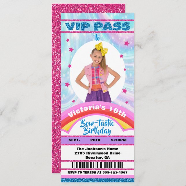 Pop Star Bow Photo VIP pass ticket Birthday Invitation (Front/Back)