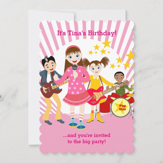Pop star girl birthday party invitation (Front)