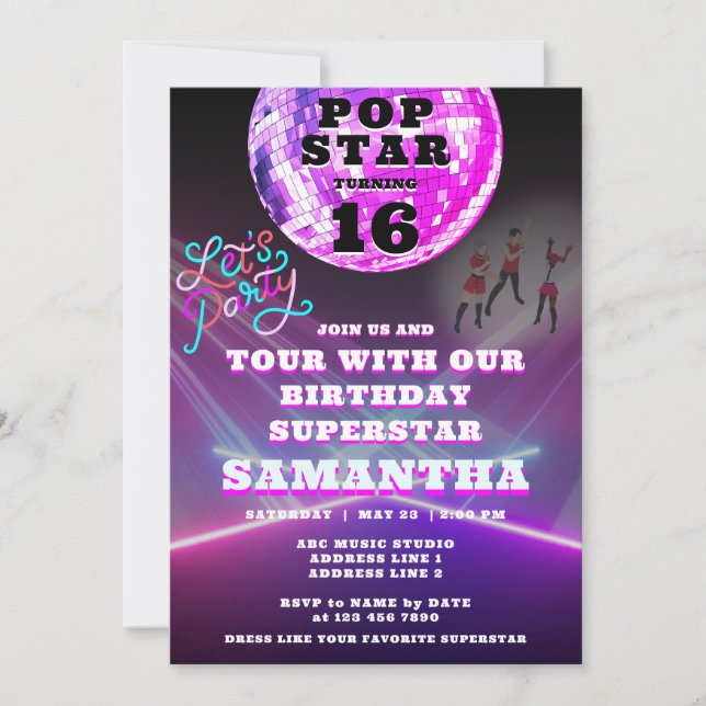 Pop Star Party Like A Superstar Rock Star Birthday Invitation (Front)