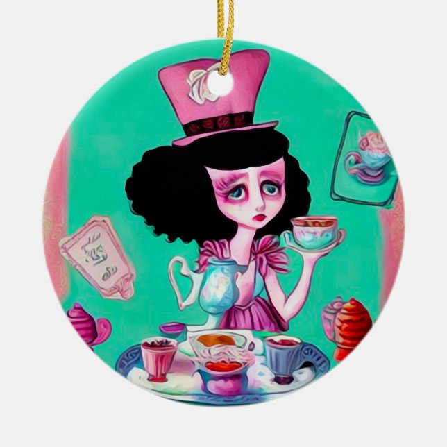 Pop Surrealism Mad Hatter Girl Ceramic Ornament (Front)