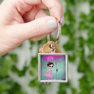 Pop Surrealism Pink Umbrella Ballerina Key Ring