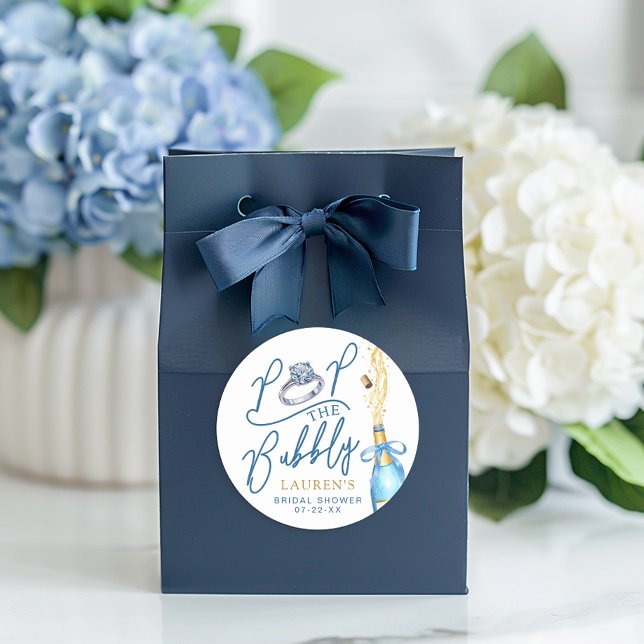 Pop the Bubbly Champagne Bridal Shower Favour Classic Round Sticker (Pop the Bubbly - Favor Sticker)