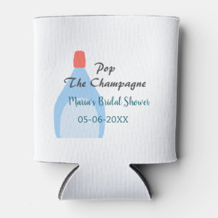 Pop the Champagne blue bridal shower add name date Can Cooler