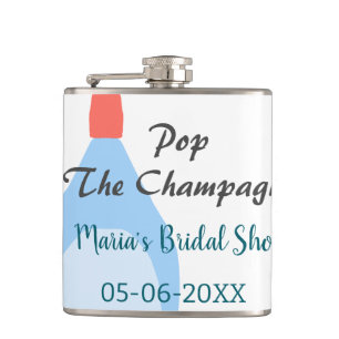 Pop the Champagne blue bridal shower add name date Hip Flask