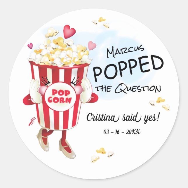 Pop The Question Popcorn Engagement Classic Round Sticker (Front)