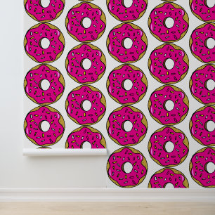 Popart Bright Pink Doughnuts Food Patterned Kitche Wallpaper