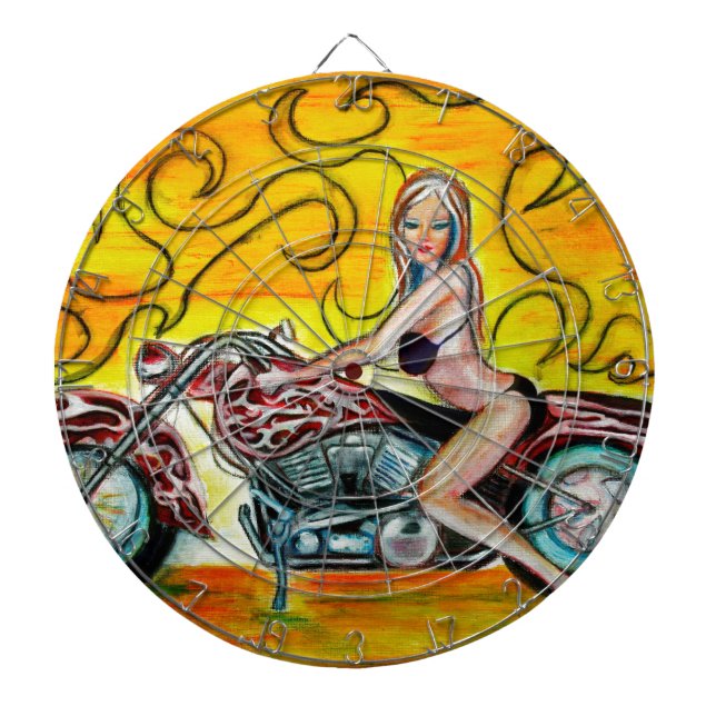Popart Girl on a Motorcycle Dartboard (Front)