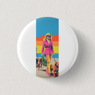 Popart style gift, beach dog walk 3 cm round badge
